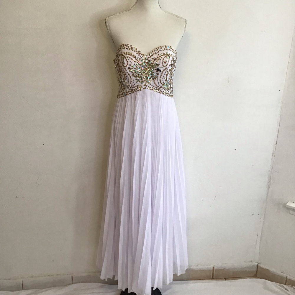 IZIDRESS Women Elegant Sexy White Gold Embellished Strapless Gown